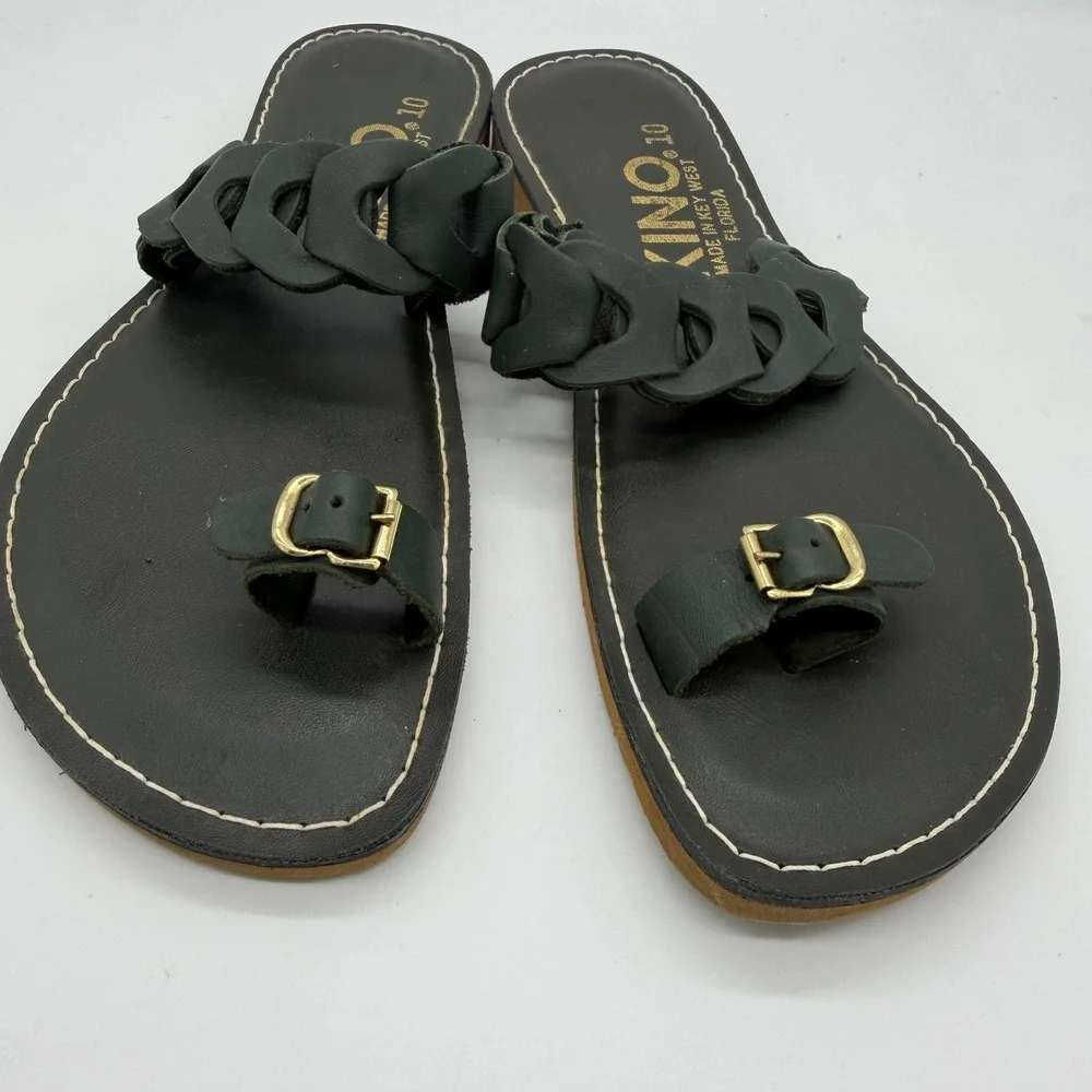 Kino Sandals Key West Florida Black Leather Braided Toe Loop Slides Womens 10